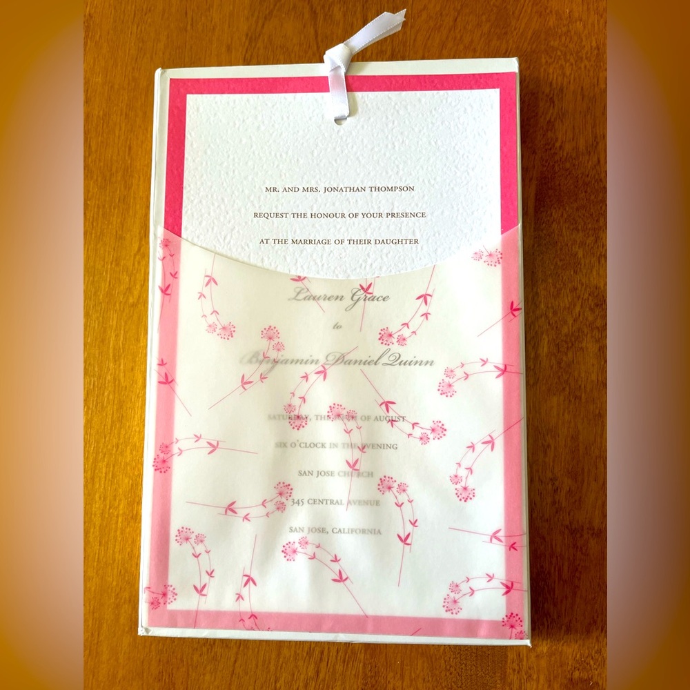 Brides Wedding invitations & respond cards with envelopes. White & pink